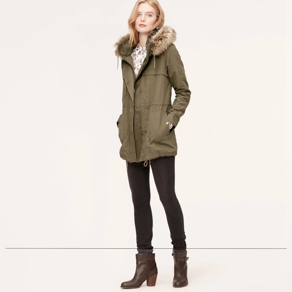 NWOT LOFT Faux Fur Trim Hooded Anorak Jacket Olive Size Small